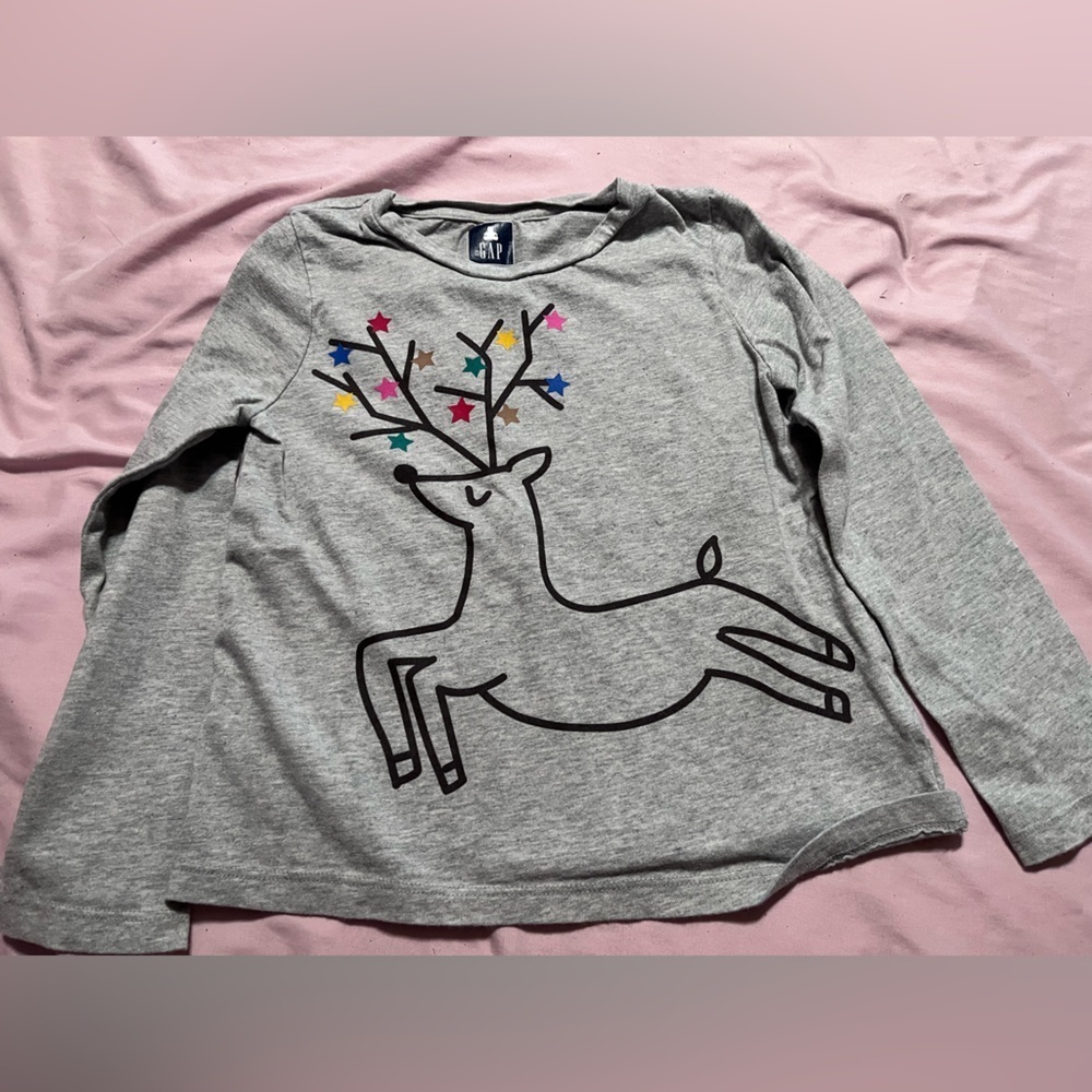 GAP Gray Kids' Top with Colorful Reindeer Design